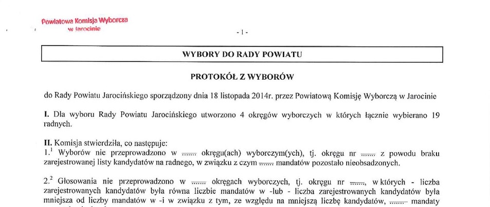 Wybory do Rady Powiatu - protokół wyników głosowania