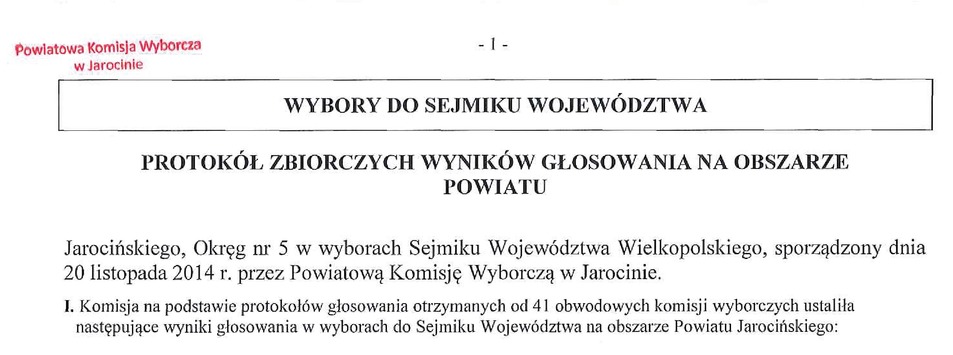 Wybory do Sejmiku Województwa - protokół wyników głosowania